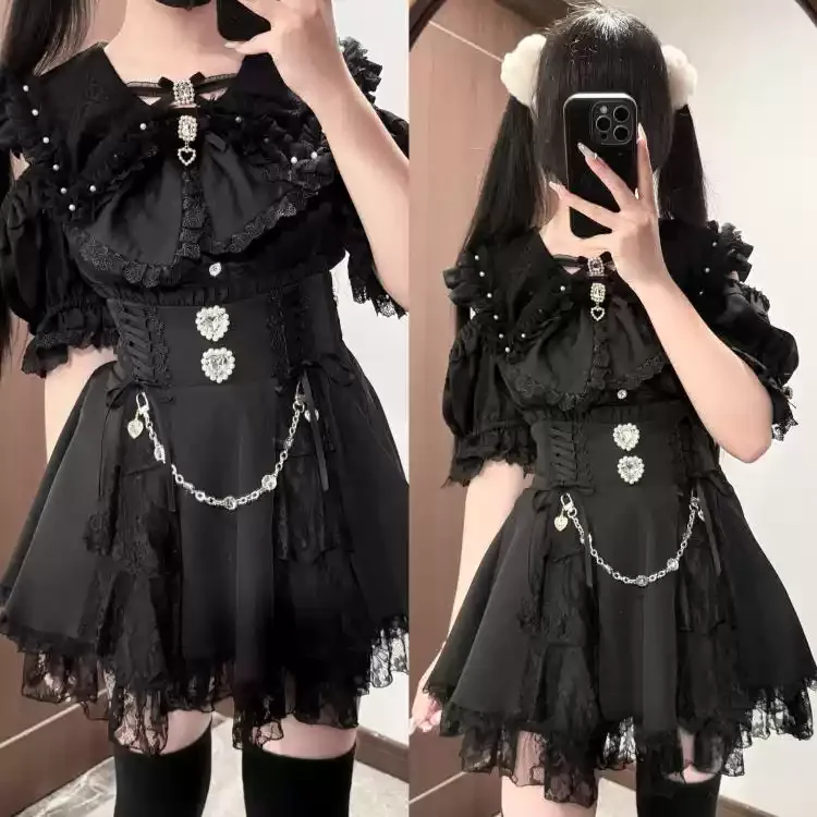 Japanese Sweet Lolita Skirt Women Lace Ruffle High Waist Tiered Short Skirt Heart Pearl Chain Decor Cute A-line Mini Skirt 2026