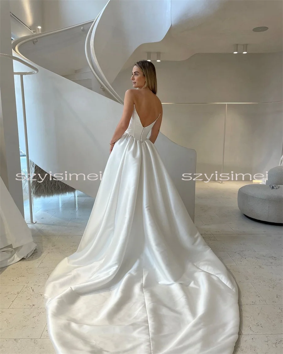 스윗하트 새틴 웨딩 드레스 A 라인 롱 트레인 신부 드레스 맞춤형 백리스 지퍼 이브닝 드레스 vestidos de novia