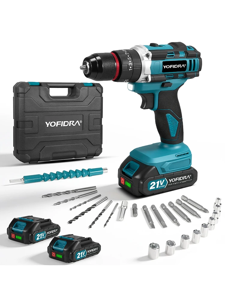 YOFIDRA Elektrischer Schlagbohrer 25+3 Drehmomentstufen, Handgeführter Akku-Schlagbohrer 3-in-1, Holzbearbeitungs-Elektrowerkzeug für Makita 21V Akku