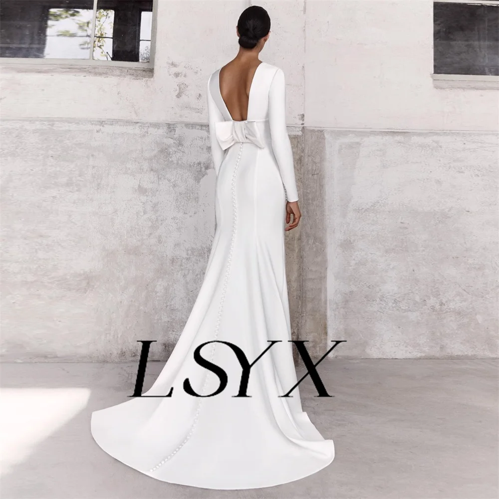 LSYX Deep V-Neck Simple Long Sleeves Mermaid Wedding Dress Elegant Open Back Bow Floor Length Bridal Gown Custom Made