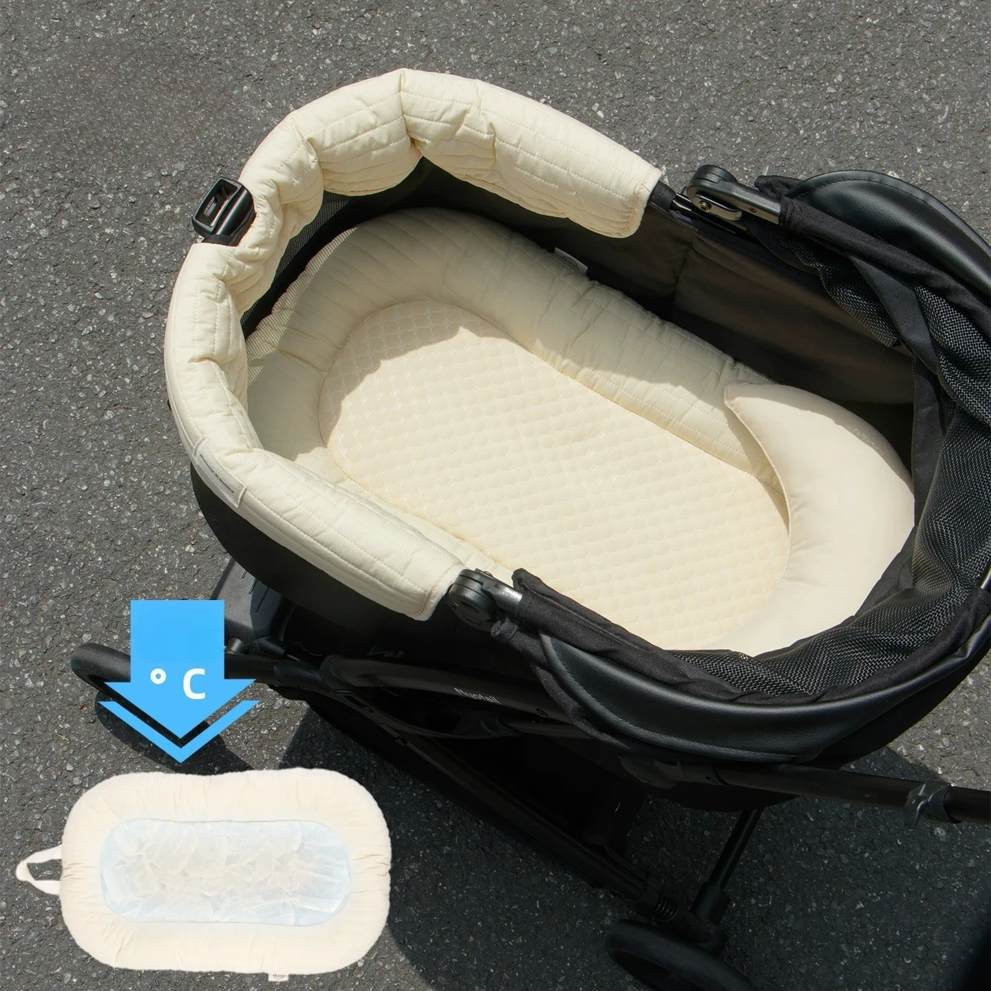 Cooling Pet Stroller Pad Insert – Breathable Ice Silk Dog Pram Cushion Liner – Temperature-Drop Stroller Bed with Bolstered Edge