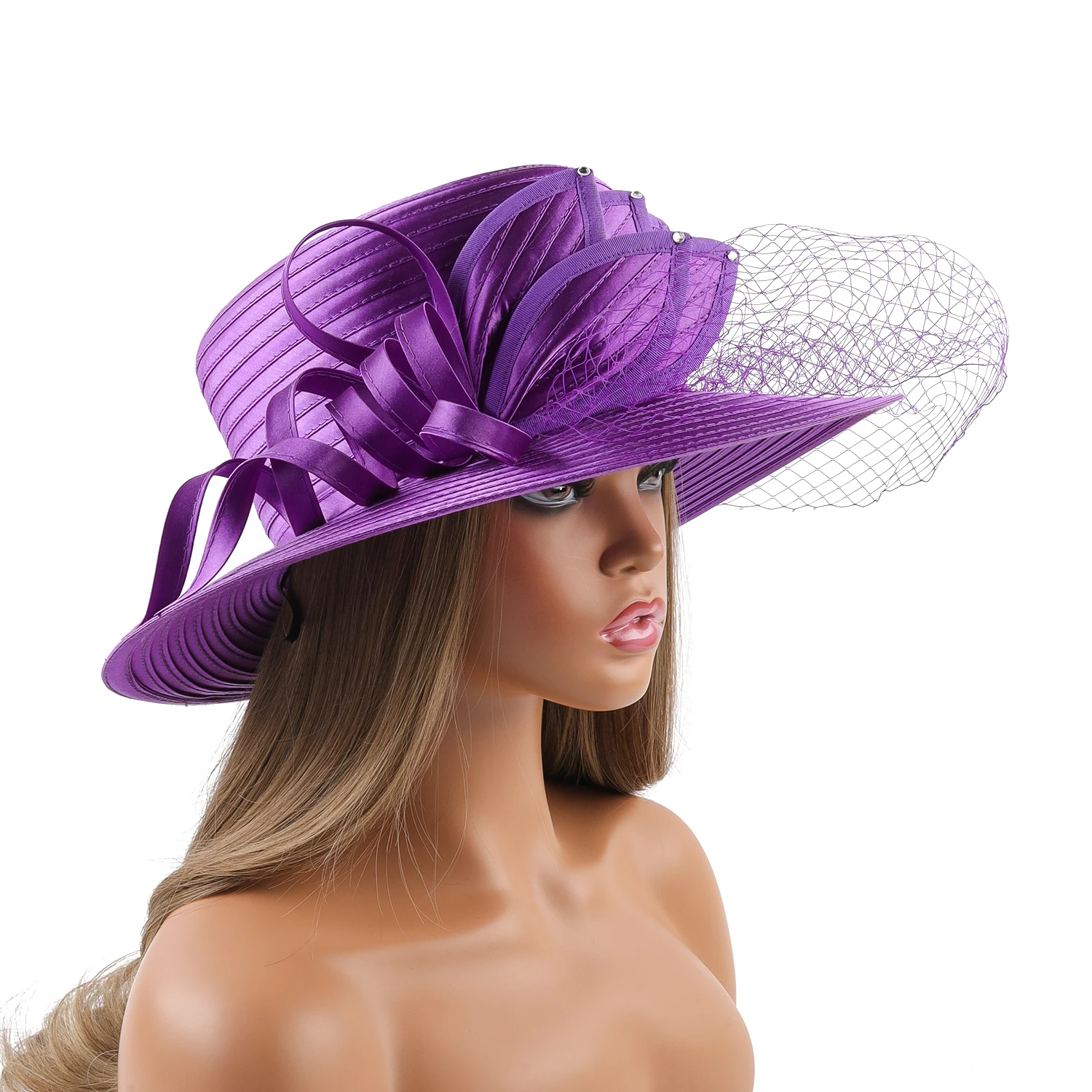 Purple Premium Satin Cloth Church Hat Deluxe Luxury Elegant Photography Hat Beauty Fancy Formal Flower Fascinator Hat Female