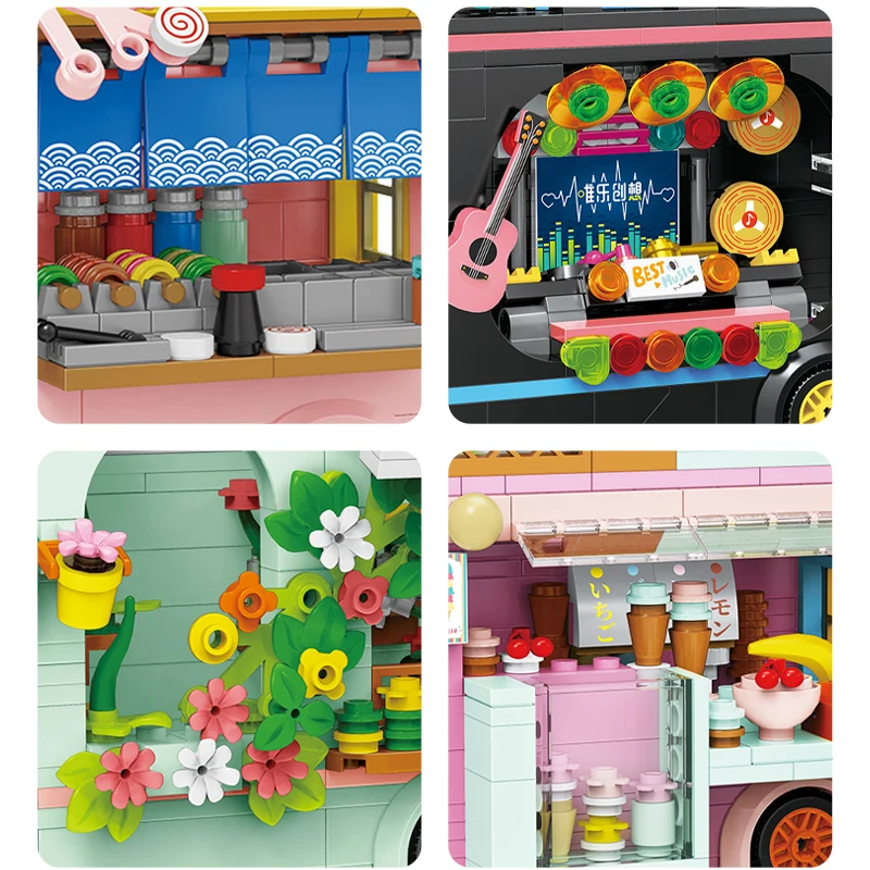 Décennie s de construction de camion de crème glacée de chariot de nourriture de vue de rue de la ville, kit de bricolage d'assemblage de nuit, modèle de décrochage de nourriture, mini jouets pour enfants