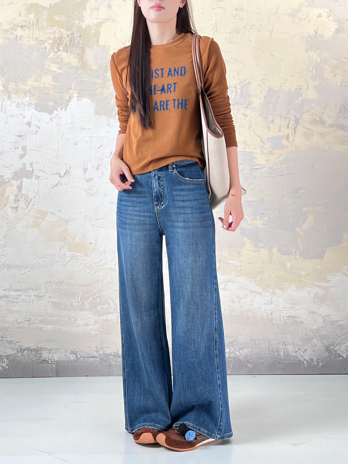 

Ультра-свободные джинсы-клеш с высокой талией для женщин, винтажные, темно-синие, из эластичного хлопка, повседневные, не деформируются