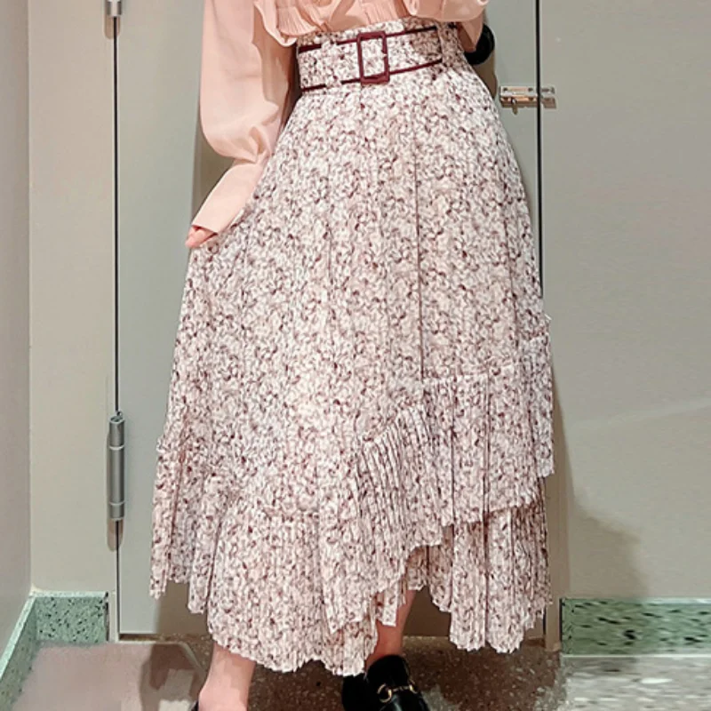 WAKUTA Japanese Early Spring Faldas Mujer Moda 2024 Gothic High Waist Lace Up Slim Flower Print Jupe Irregular Pleated Skirts