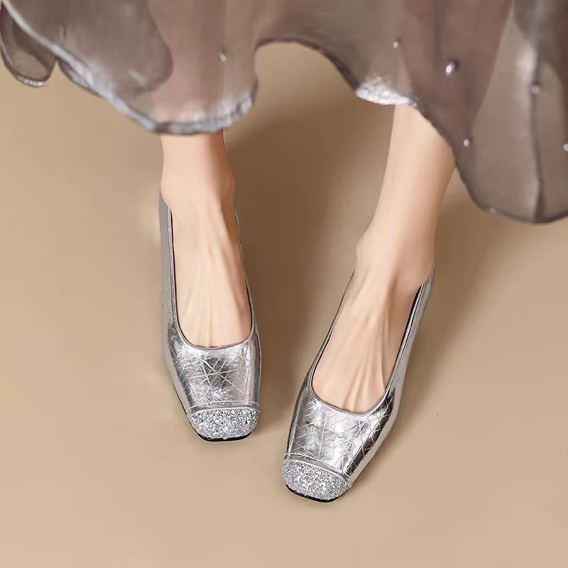 2025 New Casual Women Silk  Square Middle Heels Shallow Lady Fashion Wedding Bridal  Square Toe High Quality Women Pumps