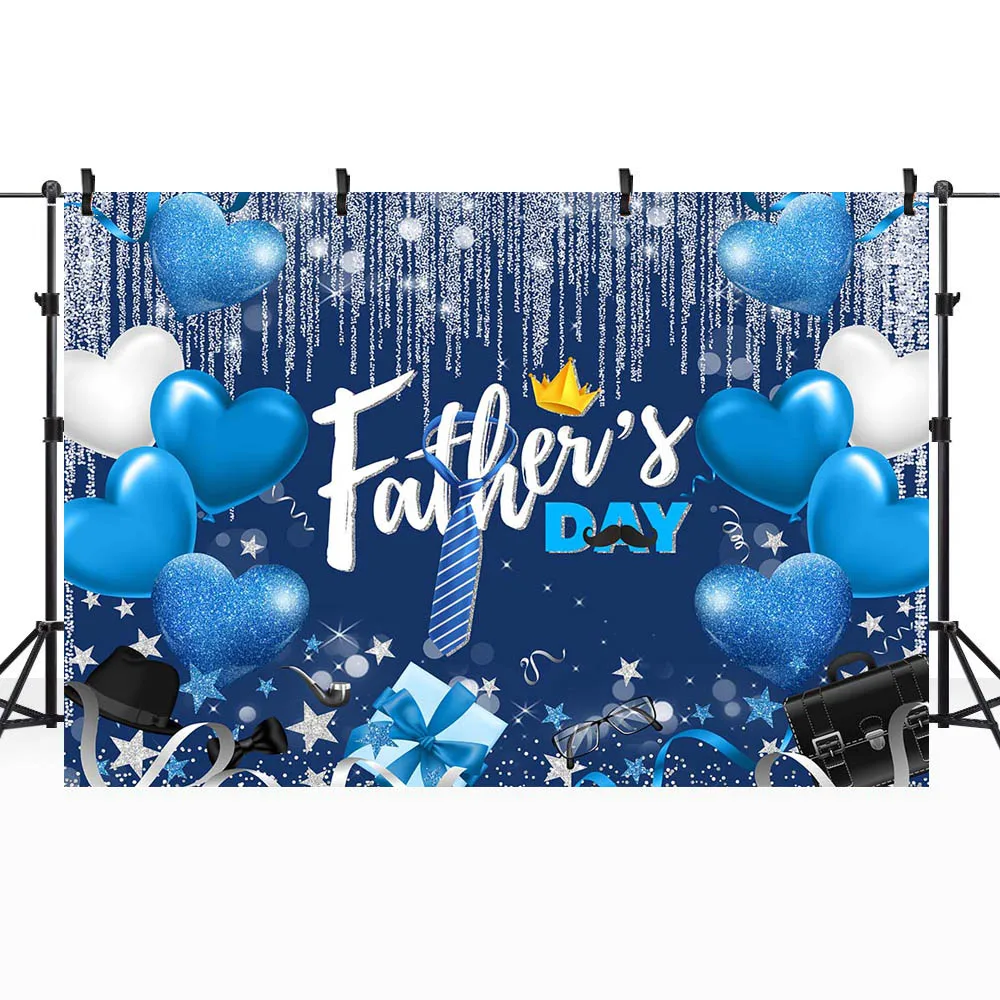 Mocsicka cenário de dia dos pais, melhor pai, nós te amo, decoração de festa, coração azul, balão, glitter prateado, borla, fundos de fotografia