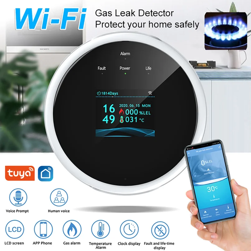 

Tuya 2,4G Wi-Fi датчик газовой сигнализации детектор горючего газа работает с приложением Smart Life Push для системы домашней безопасности