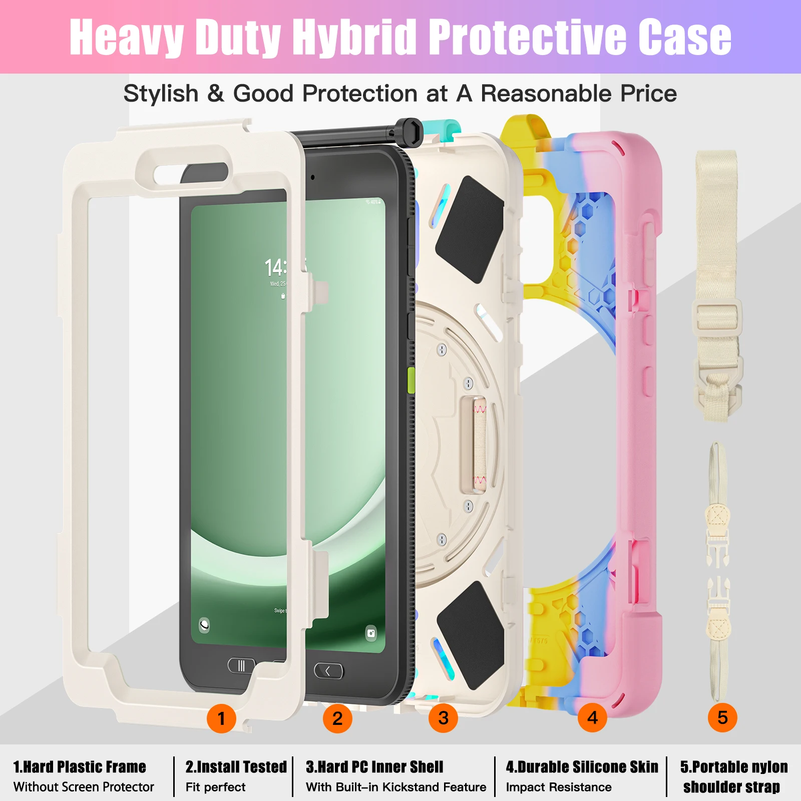Rugged Tablet Case for Samsung Galaxy Tab Active 5 2024/Active 3 2020 (8 inch) with 360 Stand Handle Hand Strap Protective Cover