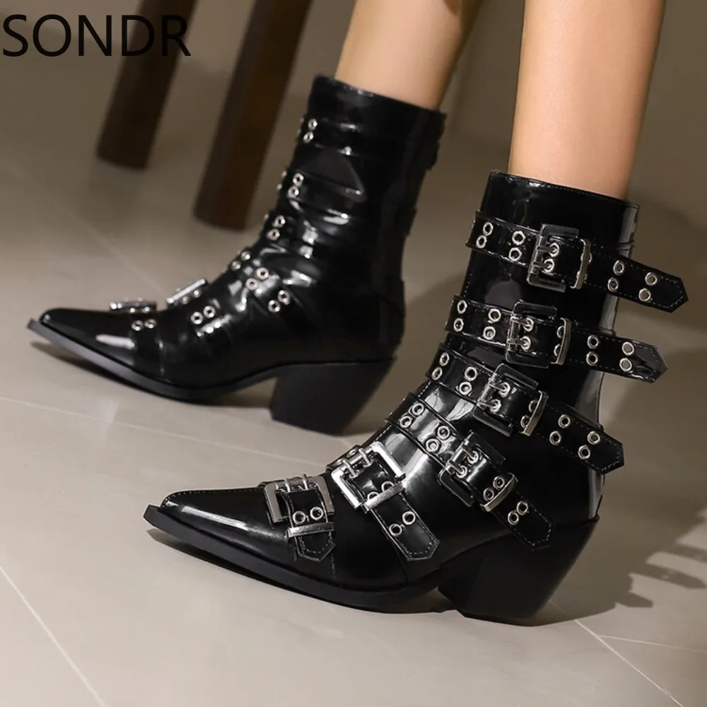 

Womens Pointed Toe Belt Buckle Ankle Boots Chunky Heel Knight Belt Buckle Western PU Leather Shoes Riding Plus Sz New 2024