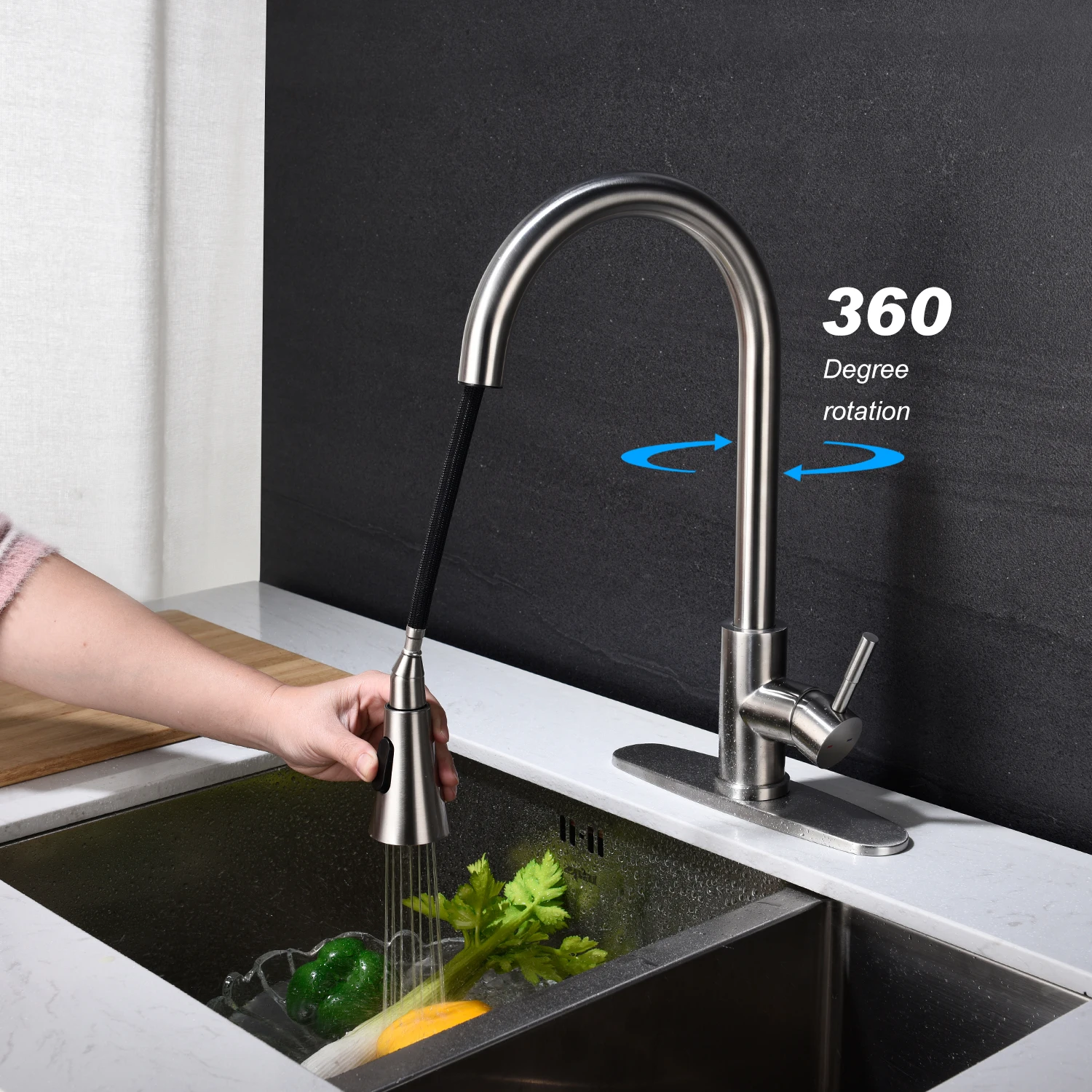 

Kitchen Faucet with Pull Out Spraye Down Kitchen Sink Faucet Deck Mounted Dual Spout Hot & Cold Water Mixer Tap Crane,SUS 304