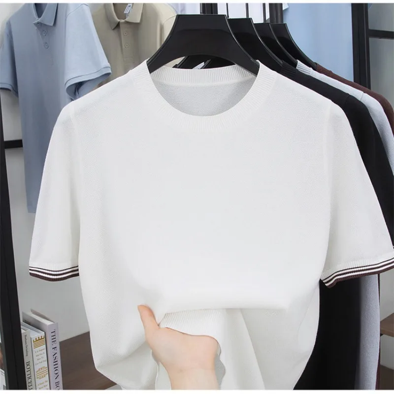 Classic Old Money Short Sleeve Tee Men Silk Cotton Casual T-shirt Business Comfort Fit
