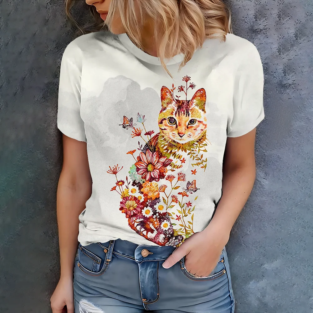 

Natural Fresh Wind Colorful Flowers and Cat Fusion Pattern Printed Daily Fashion Casual Women's Short sleeved T-shirt