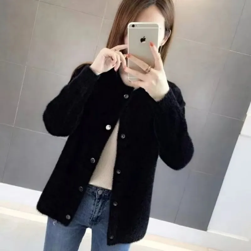 Autumn Winter Mink Fur Sweater Coat 2024 New Women's Hairy Soft Loose Velvet Long-sleeved Cardigan White Black Red Khaki Jackets