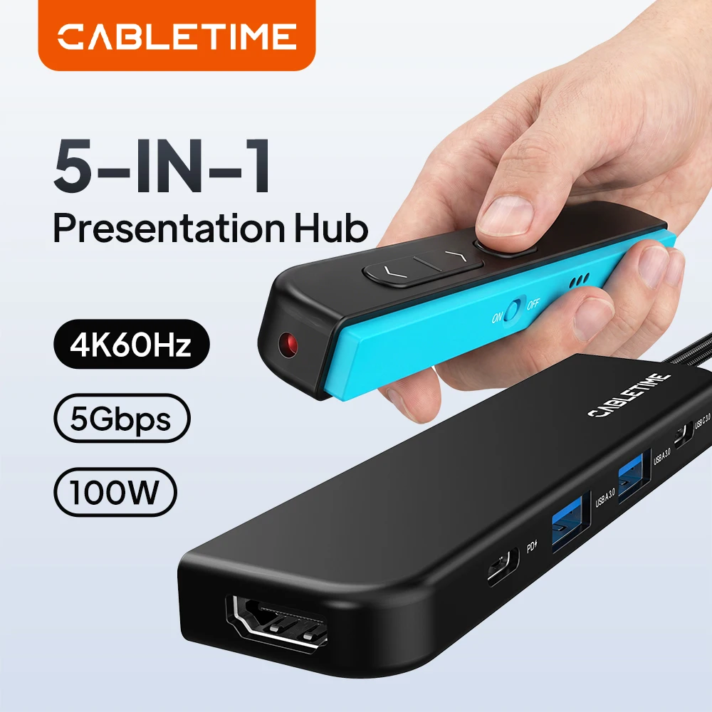 CABLETIME 5 in 1 USB C/A Hub 4K HDMI HUB 100W Multiport Adapter Magnetic Presentation Hub for MacBook Pro/Air iPad Pro iMac