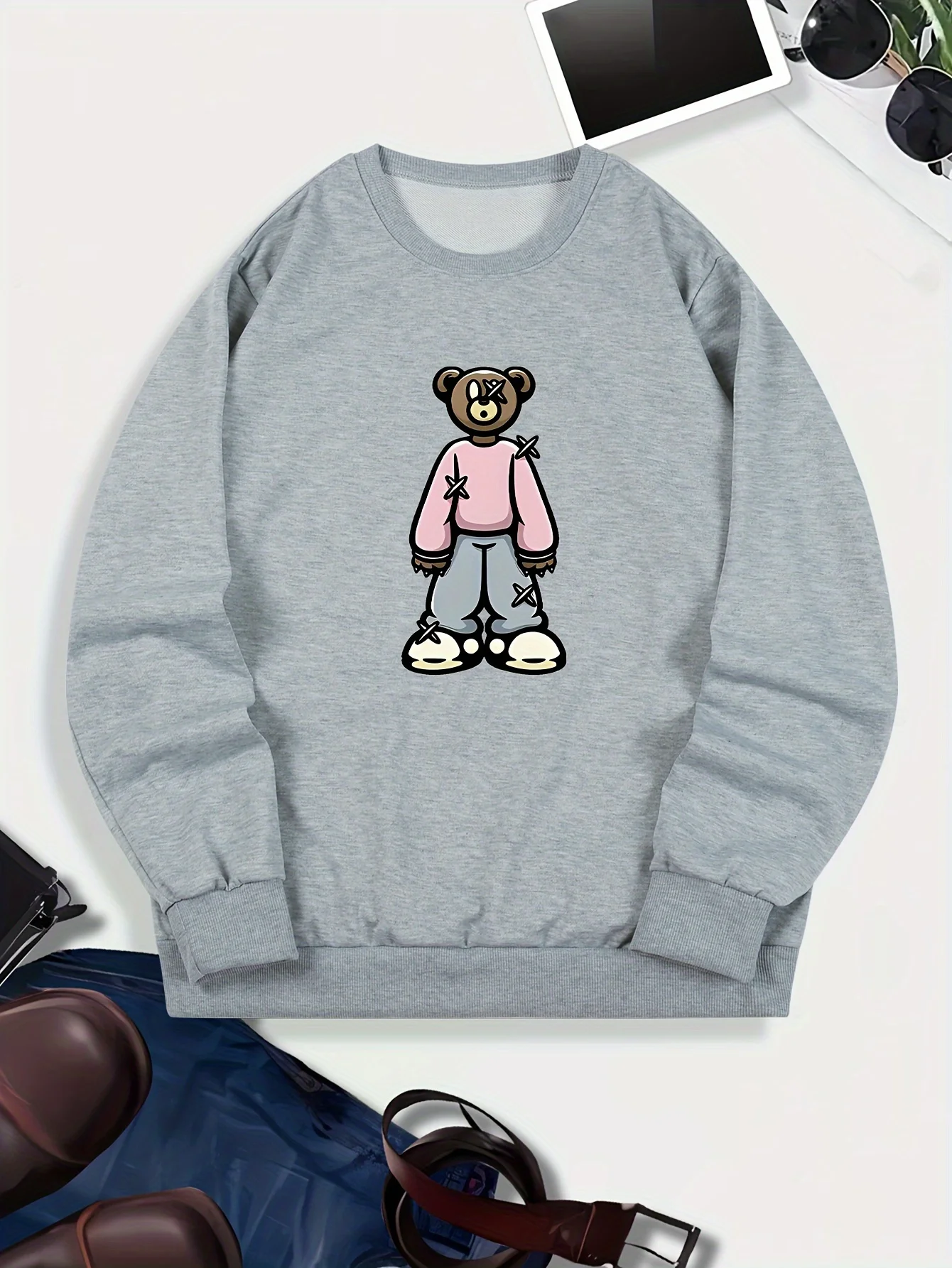 

1pc Men'S Casual Teddy Bear Print Long Sleeve Sweatshirt - Polyester, Round Neck, Loose Fit, Stretch Fabri