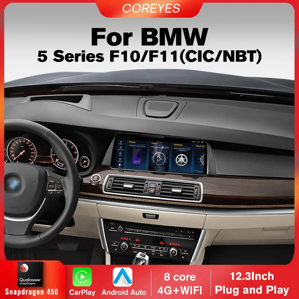 COREYES 12.3'' 1920*720P For BMW 5 Series F10 F11 2010-2016 CIC NBT System Car Radio Android12 Carplay Auto Multimedia Player