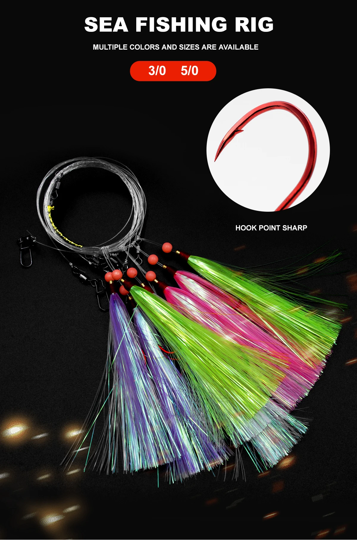 ZYZHE 1 Stück Salzwasser-Angelrig mit 3/0 # 5/0 # Doppelte rote Oktopus-Haken, farbige Seiden-Surf-Angelhaken, Flunder-Rigs – Detail 1