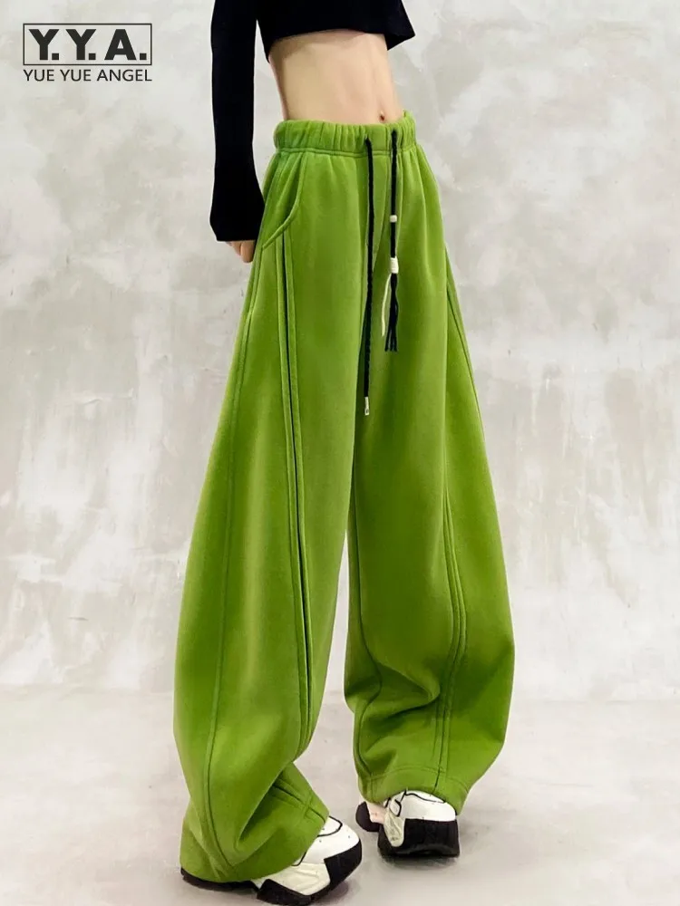

Winter Women New Versatile Fleece Wide Leg Pants Patchwork Stripe Thin Loose Fit High Waist Drawstring Casual Solid Color Ladies