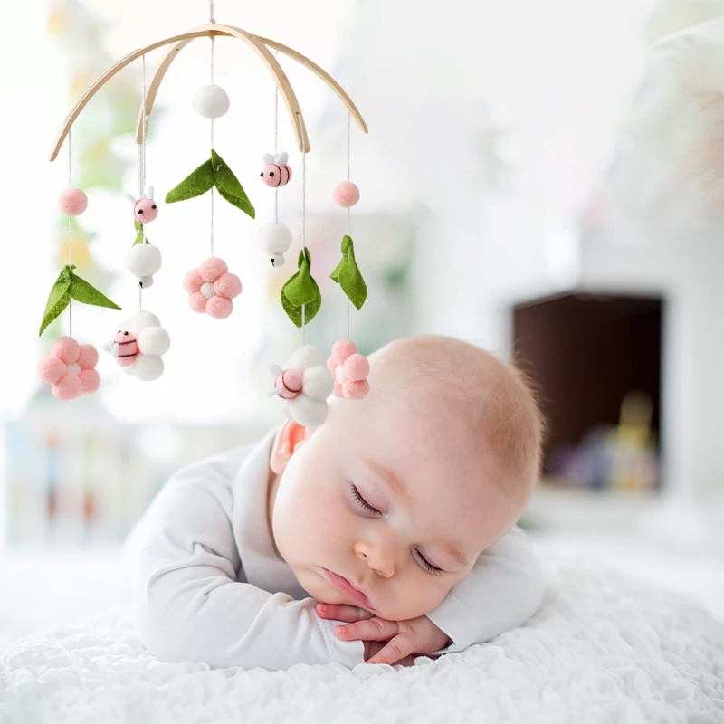 Mainan kerincingan bayi, mainan kayu Mobile musik lonceng tempat tidur mainan gantung 0-12 bulan baru lahir lucu bunga Honeybee tempat tidur bayi braket mainan