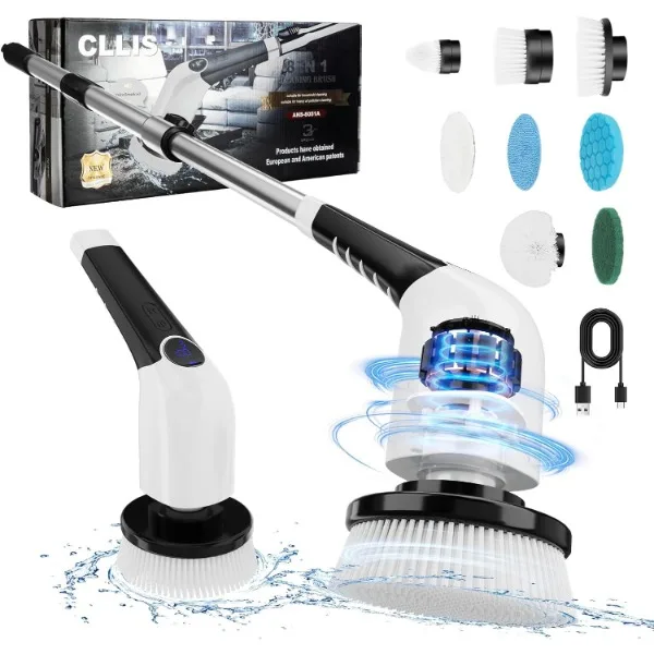 

Electric Spin Scrubber, Shower Scrubber with Long Handle & 8 Replaceable Brush Heads, 3 Speeds Cleaning Brush Power Scrubber