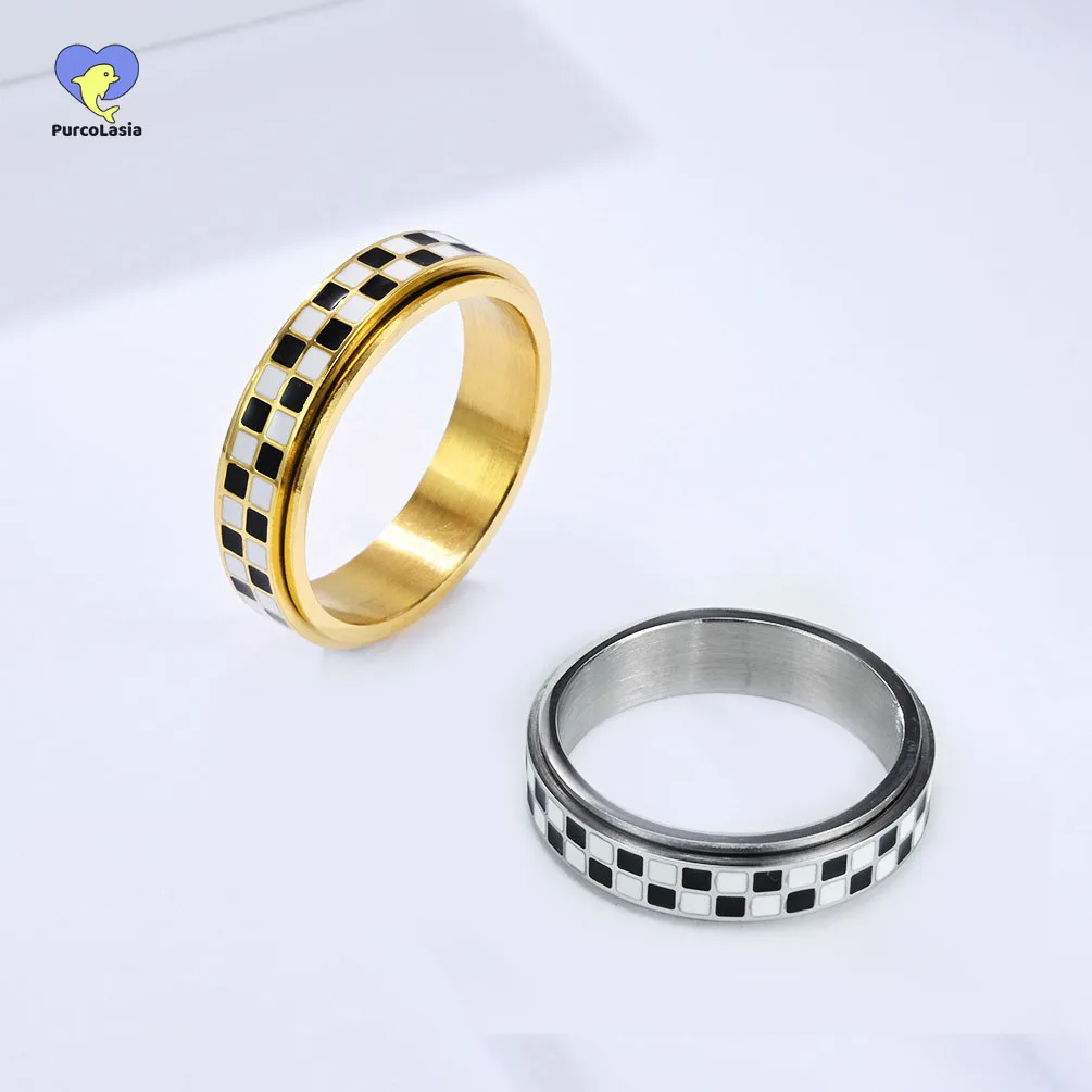 Stylish Women Men Rings Checkered Design Waterproof Stainless Steel Fashion Couple Jewelry