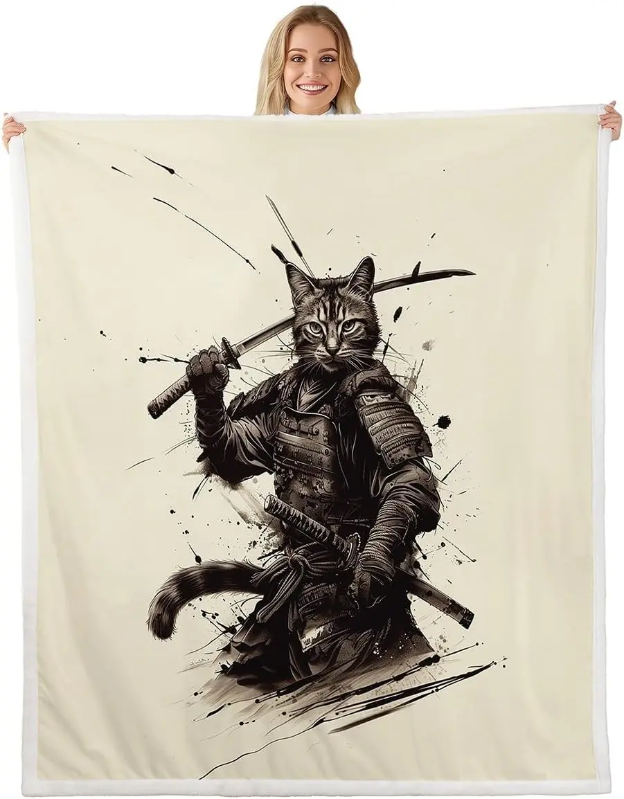 

Samurai Sherpa Throw Blanket for Couch Warrior Bushido Super Soft Cozy Fleece Japanese Style Blanket for Winter, Plush Throw