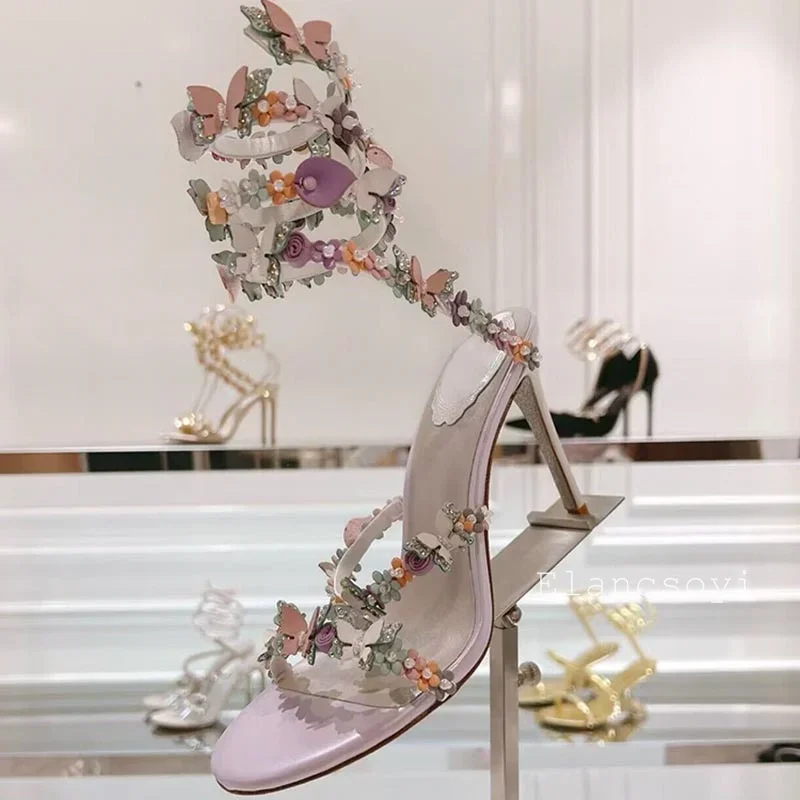 Sandals Sexy Thin High Heels Women Bling Rhinestone Flower Ankle Snake Shaped Winding Wedding Shoes Summer Gladiator Sandalias