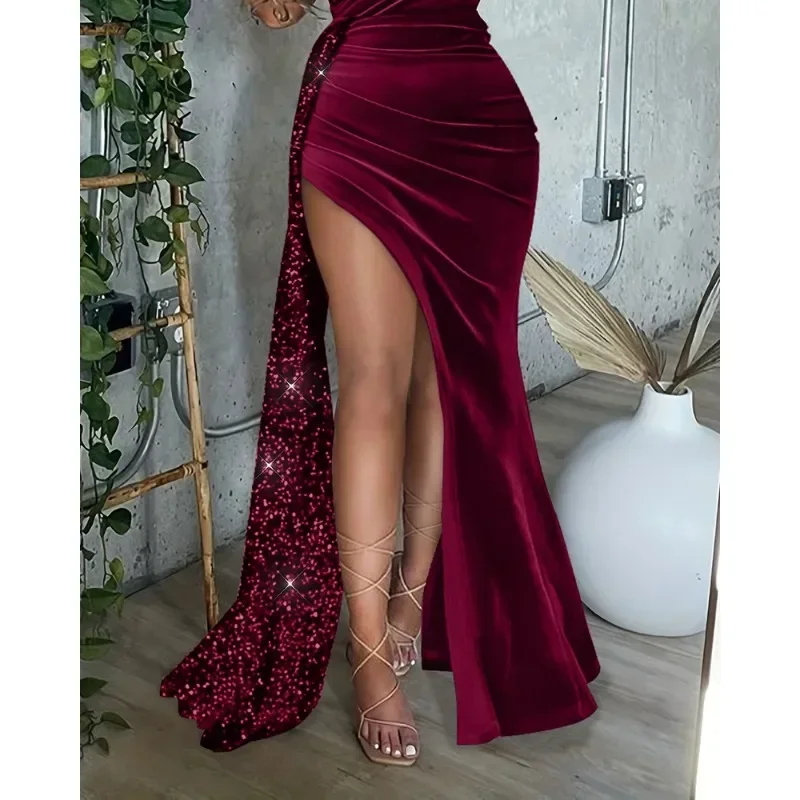 Sequins Velvet Patchwork Slit Evening Dress Women Y2K Elegant One Shoulder High Waist Corset Ruched Floor Length Maxi Dress