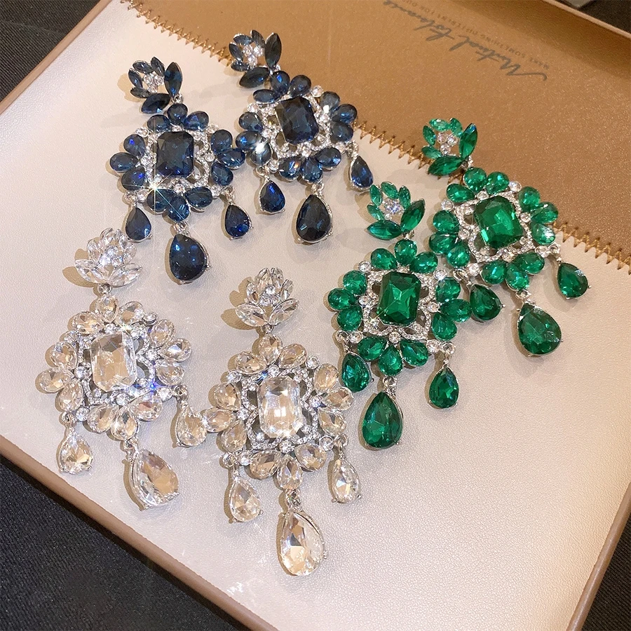 Large Ornate Gemstone Drop Earrings for Women Sparkling Rhinestone Fringe Design Noble Evening Party Luxury Designer Jewelry