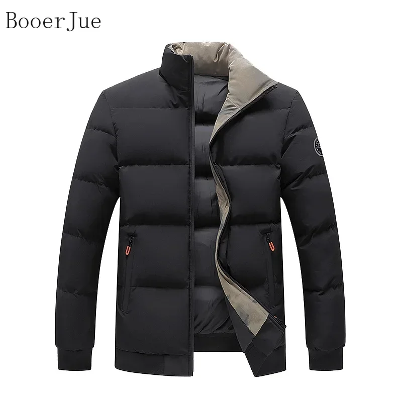 Men's Winter Cotton Padded Jacket Solid Color With Print Loose Zip Up Hooded Stand Collar Student Warm Outerwear Camping Sports