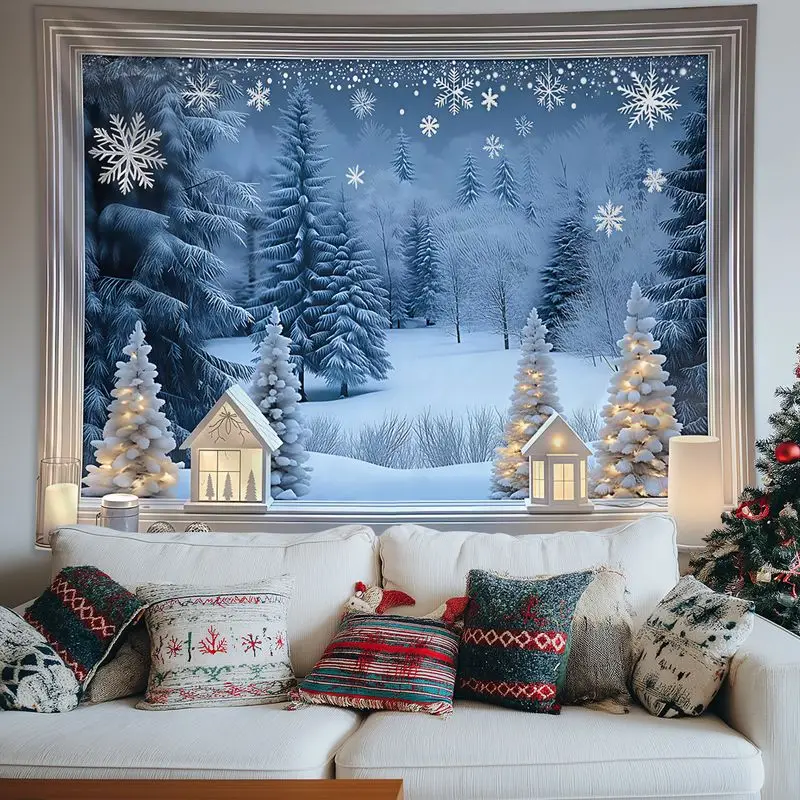 VIKAMA Falling Snow Pine Forest Christmas Tapestry, Serene Wall Art Background Cloth for Tranquil Living Room Decor