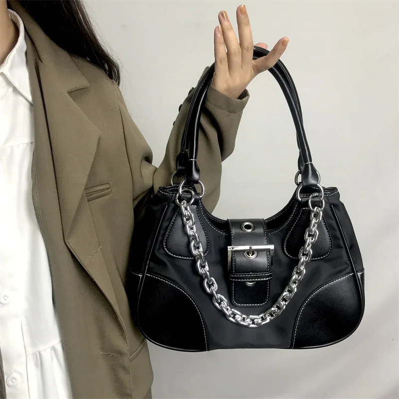 New Fashion Underarm Bag Women's Bag Metal Chain Bag Versatile Shoulder Bag Spliced Lacquer Canvas Bag Handbag Small Square Bag