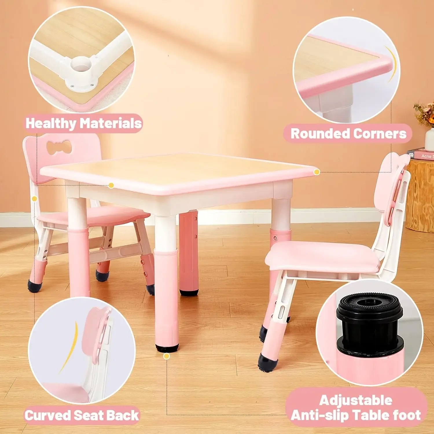 Kids Table and 2 Chairs Set, Height Adjustable Toddler Table and Chair Set for Ages 3-8, Easy to Wipe Arts & Crafts Table