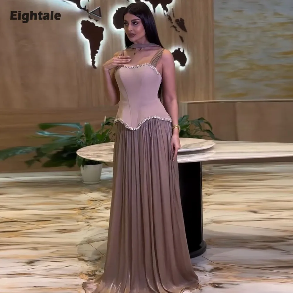 

Eightale Arabic Evening Dress for Wedding Party Spaghetti Strap Dusty Pink Muslim Beaded A-Line Customized Prom Gown