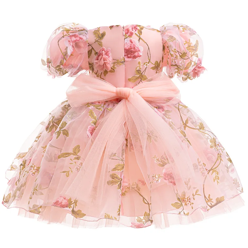 0-6th Birthday Party Girl Princess Dress Rose Embroidered Bubble Sleeves Christmas Children\'s Party Elegant Evening Dress