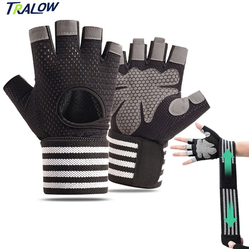 

TRALOW Half Finger Gym Fitness Gloves with Wrist Support Breathable Non-slip Shock Weightlifting Workout Gloves for Men Women