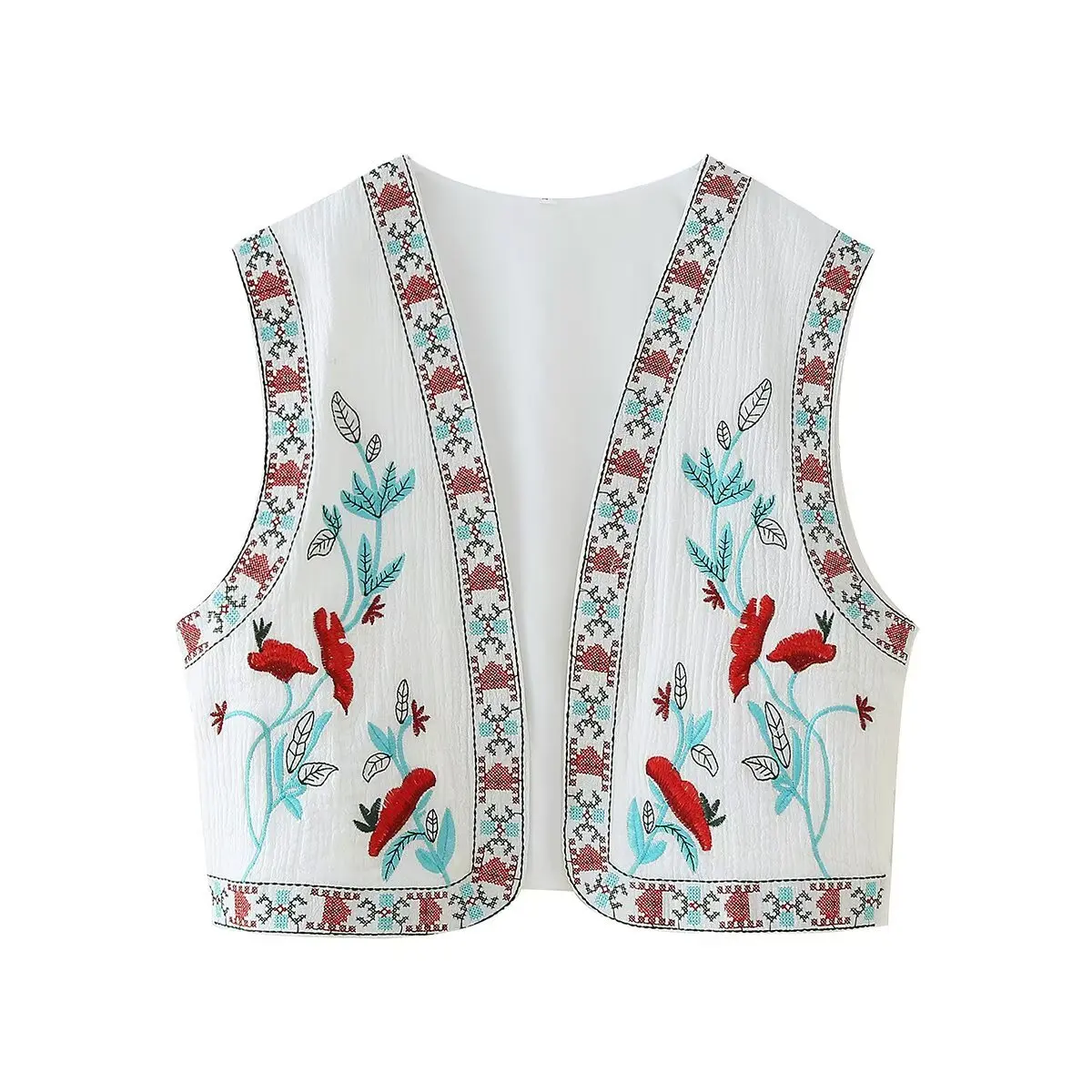 Ethnic Women White with Colored Embroidery Flower Open Buttons Waistcoat BOHO Sleeveless Vest V Neck Jacket Vacation Tops