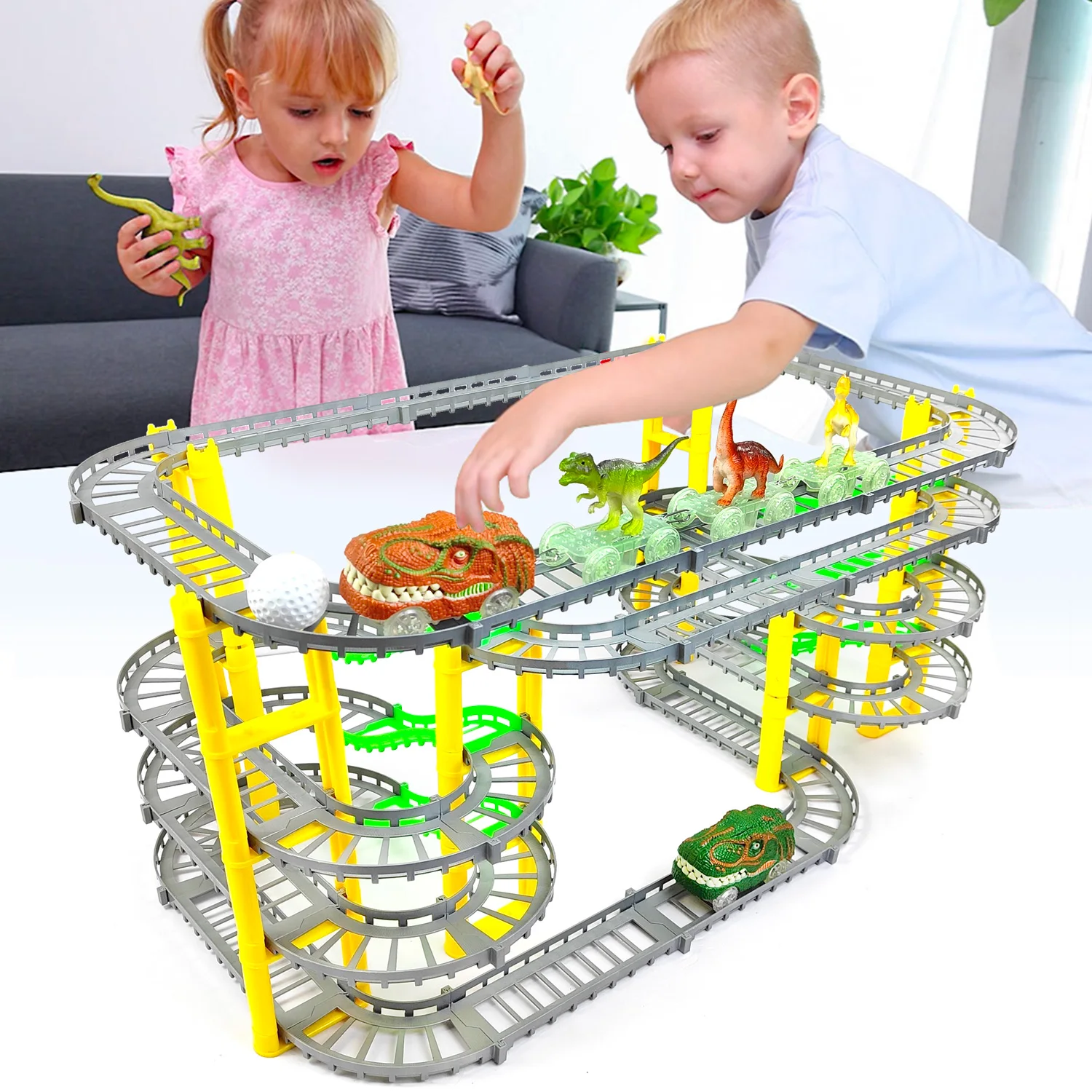 Recorrido de aventura de tren Dinosaur World Track Cars para niño, pista de tren luminosa con luz LED, juego de coches de carreras, regalo para niños