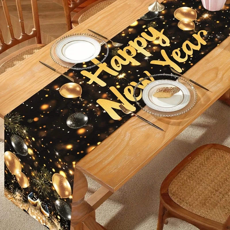 1 قطعة 2026 مفرش طاولة السنة الجديدة | تصميم الألعاب النارية باللونين الأسود والذهبي | مفرش المائدة مربع | متينة للعام الجديد #2