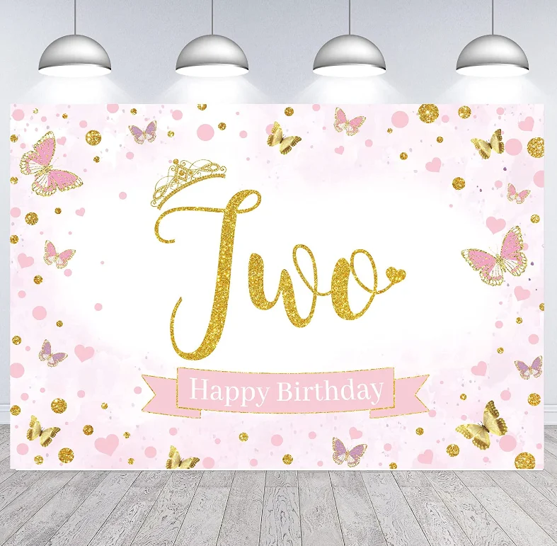 

Girl 2nd Birthday Backdrop Pink Princess Second Butterfly Birthday Decorations Banner Gold Dots Happy Birthday Kid Party