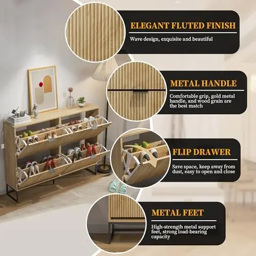 خزانة أحذية خشبية رفيعة وحديثة مع 4 أدراج - تخزين مدخل قائم بذاته