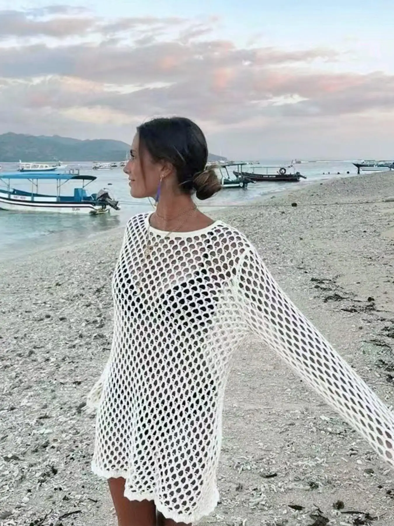 Strand-Stil Durchbrochenes Bikini-Cover-Up, Rundhals-Strickkleid mit Langen Ärmeln, Schlichtes Design, Perfekt für den Sommerurlaub – Detail 8