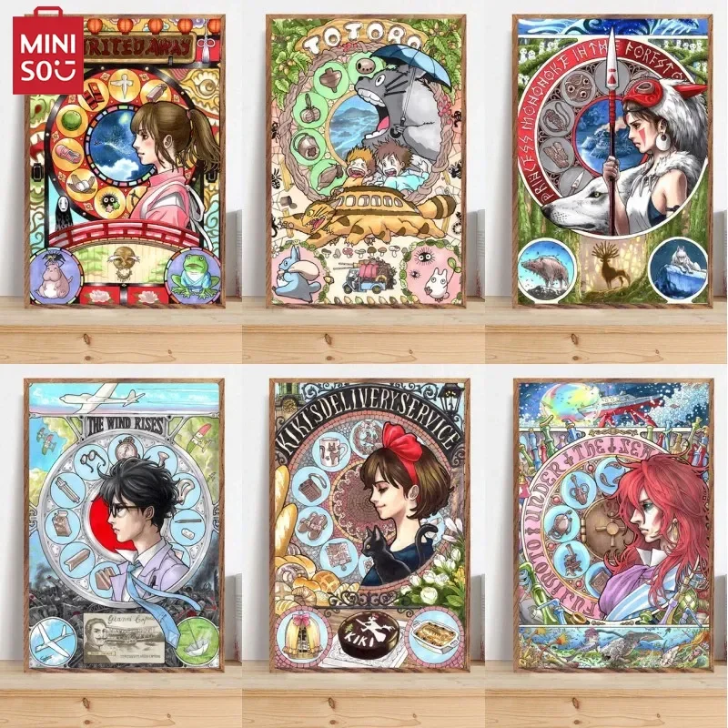 MINISO Miyazaki Hayao Ghibli serie de películas de Anime princesa Mononoke Spirited Away pintura artística lienzo de seda póster pared hogar Dec