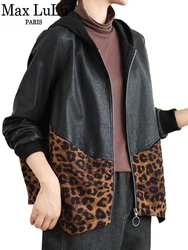 Max LuLu 2024 Autumn Korean Womens Fashion Leopard Hooded Faux Leather Jackets Casual Printed PU Coats Loose Classic Outerwear