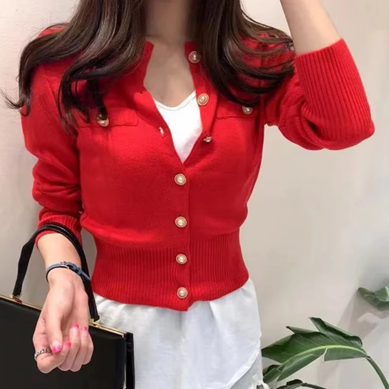 

Корейская версия, однотонный вязаный кардиган с длинными рукавами, милый тонкий свитер на пуговицах, осенне-зимние элегантные женские топы 17375