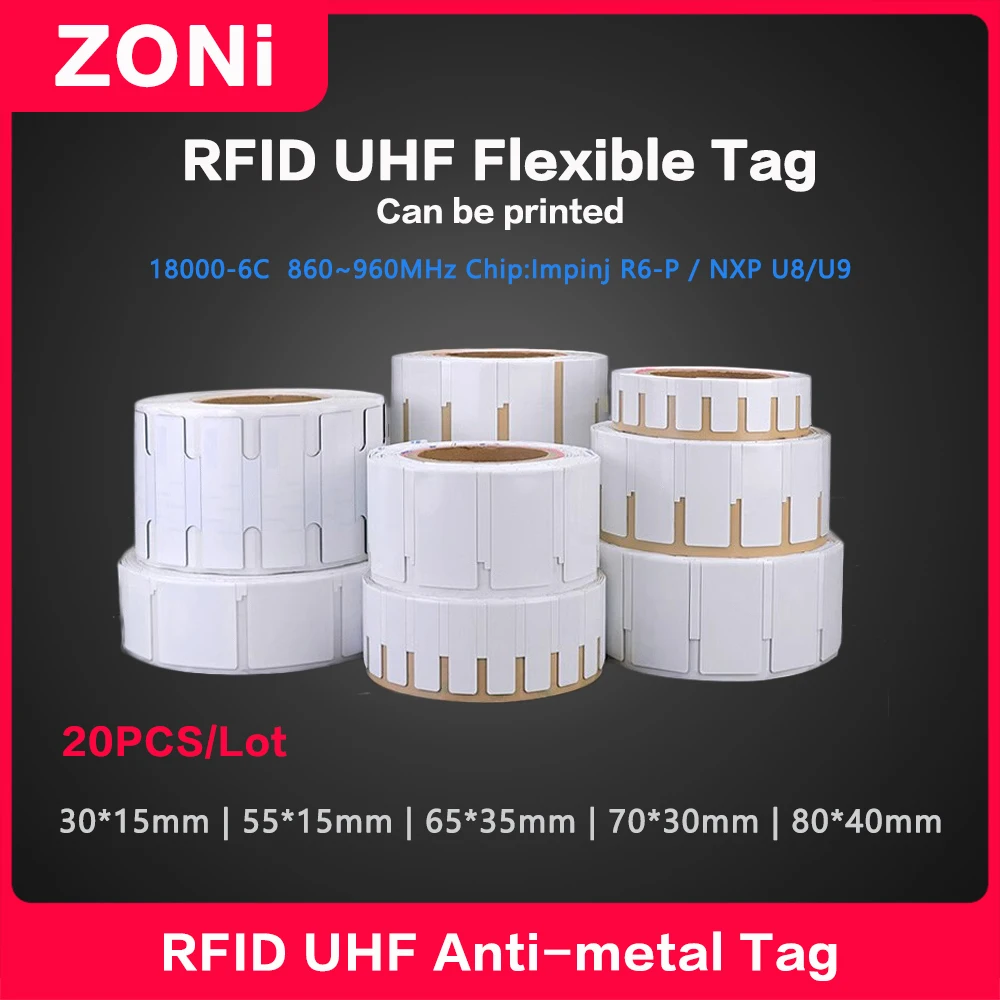 RFID UHF Tag Flexible Anti Metal Sticker 18000-6C 860-960MHz NXP U8 U9 Chip Electronic Smart Label 915MHz High Quality 20PCS