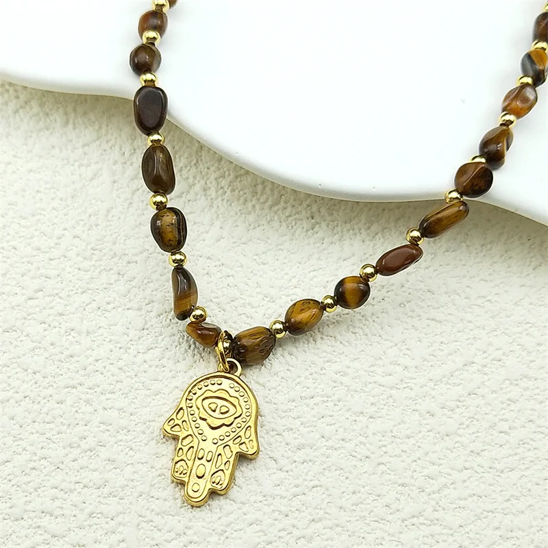 

Fatima Hamsa Hand Choker Pendant Necklace For Women Men Stainless Steel Gold Color Tiger Eye Stone Chain Amullet Jewelry Gift