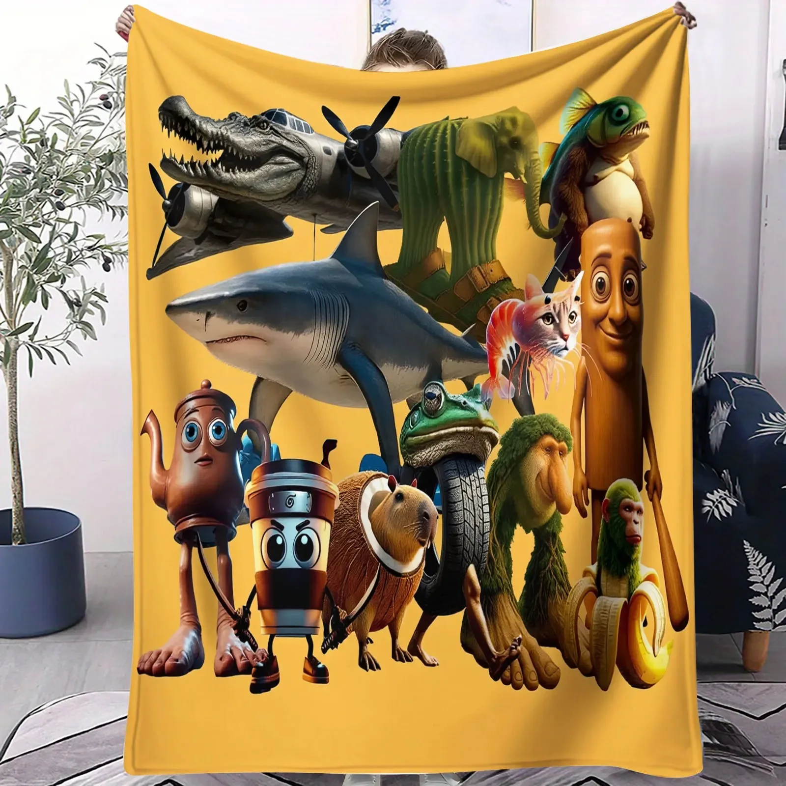 Flanelldecke mit Cartoon-Charakter-Collage, 2D-Flachdruck, verspielte Dekoration, Wohnzimmer, Schlafzimmer, Decke, charmant, funktional, skurriler