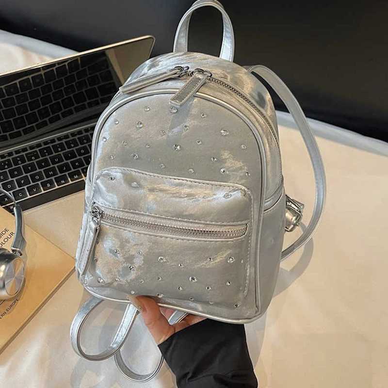 

High-grade Silver Handheld Backpack Women Set With Diamonds Zippers Student School Bag Outdoor Commute Shoulders Bags